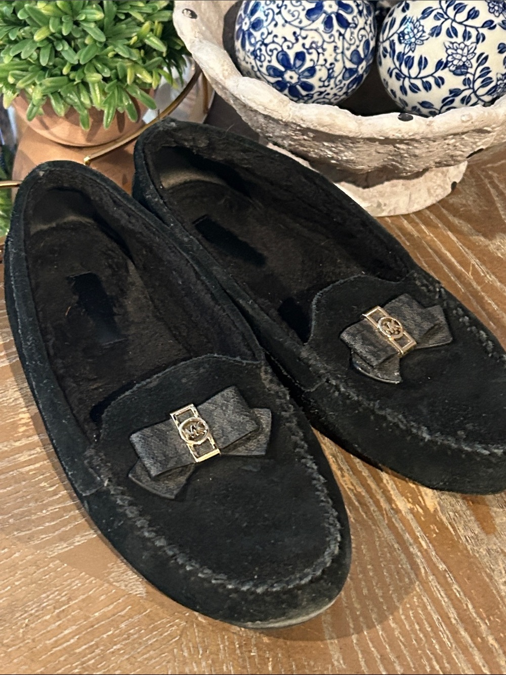 Michael Kors Black Suede Bow Loafers with Gold Logo Women 8